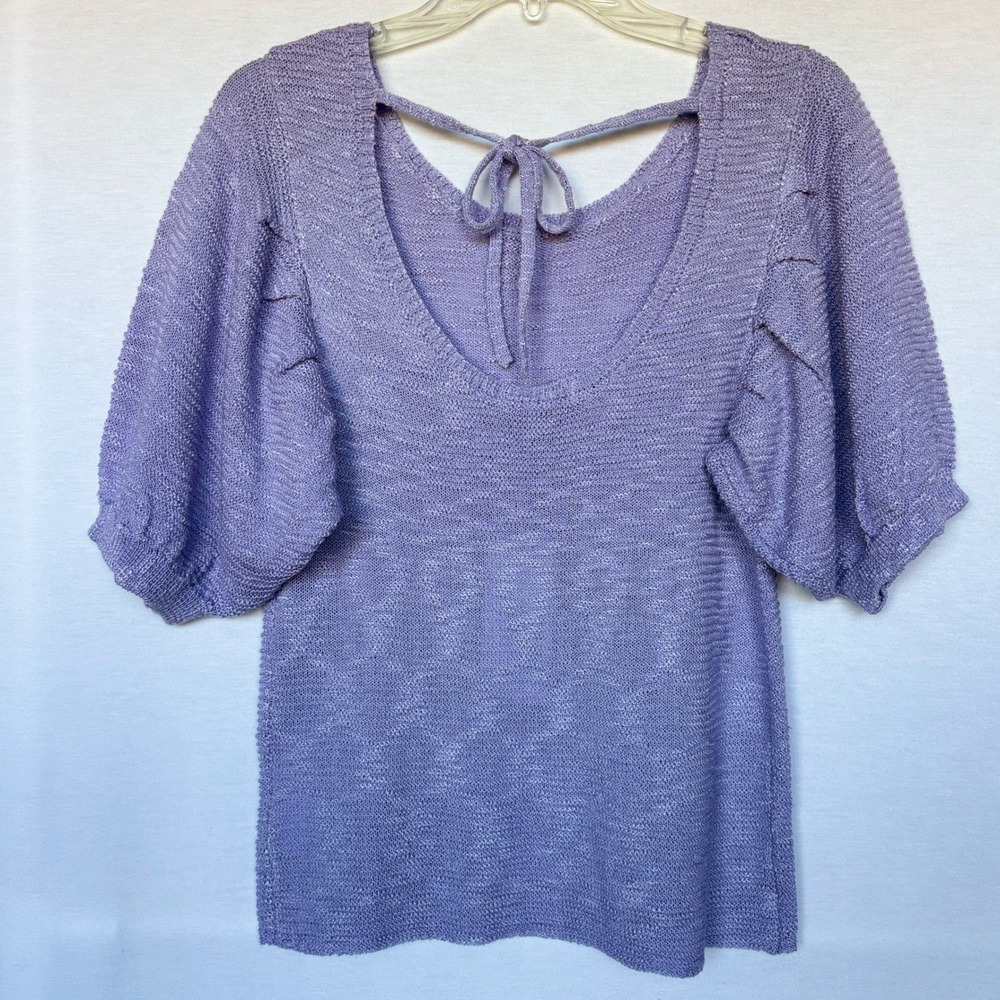 Soft Girl Lavender Knit Puff Sleeve Sweater Top V-Neck Tie Back Q2 L - Picture 9 of 9